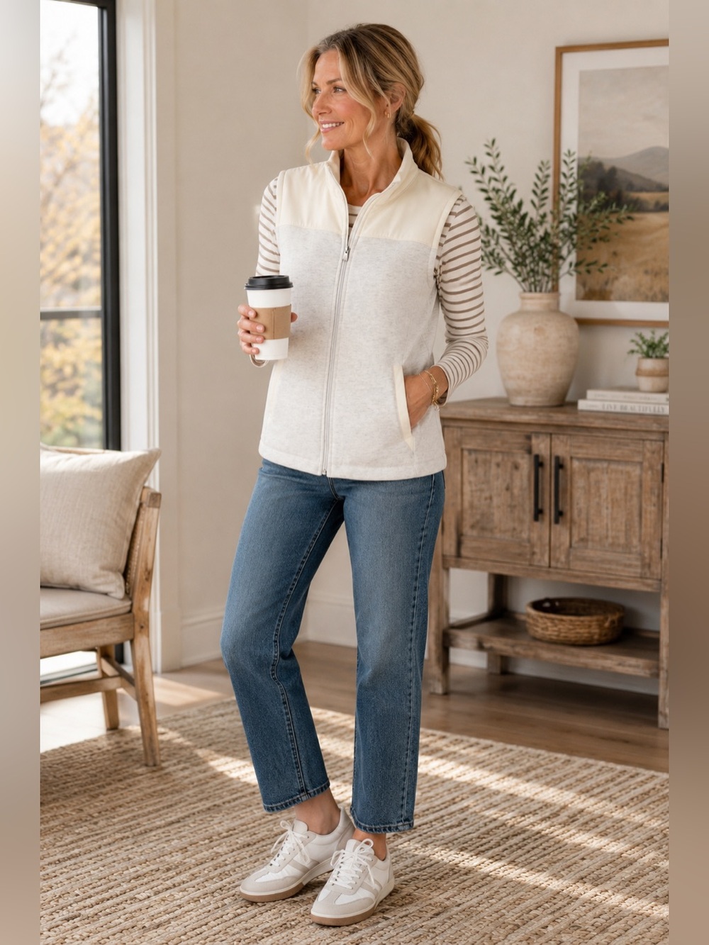 T by Talbots Cream Zip Front Fleece Vest M Soft Neutral Layering